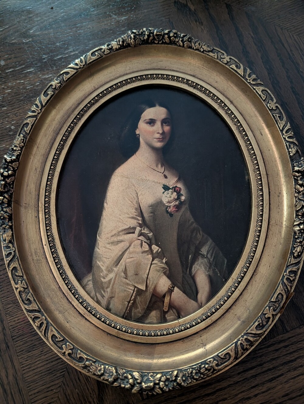 Vintage Victorian Lady Portrait Ornate Oval Gold Frame Cottagecore Wall Art 16”